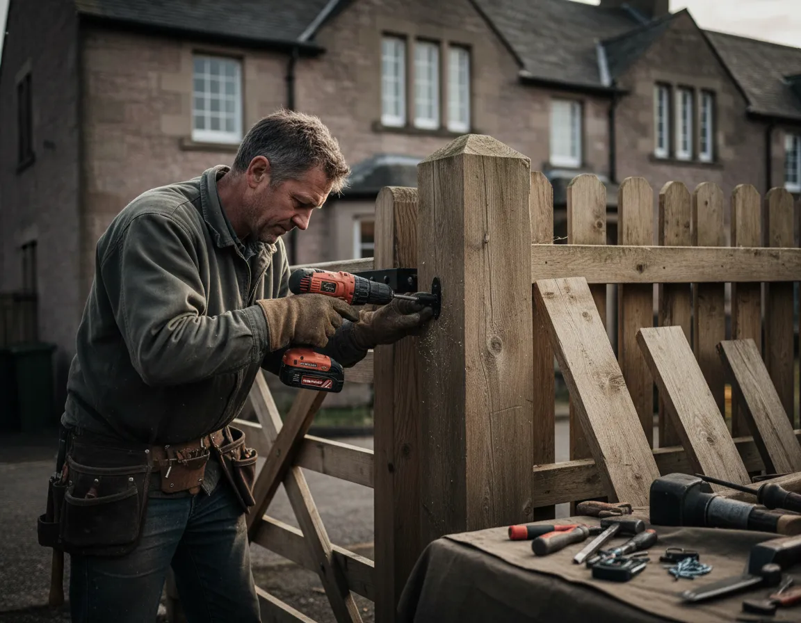 [IMAGE: Handyman repairing gate]